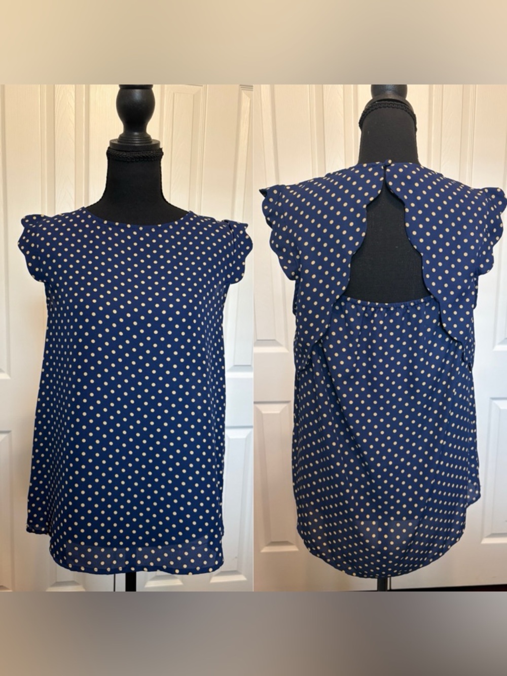 Papermoon Navy Blouse with Gold Dots & Scallop details